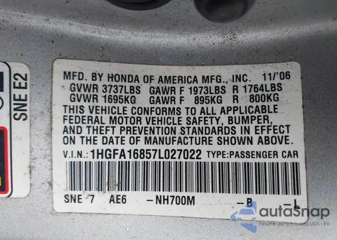2007 Honda Civic Ex from USA, damaged, VIN 1HGFA16857L027022